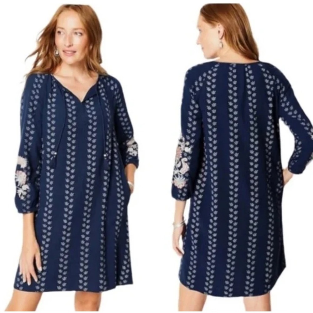 NWT J‎ Jill Women's Sz Mp Navy Blue Embroidered Sleeve Peasant Dress Tassel Boho